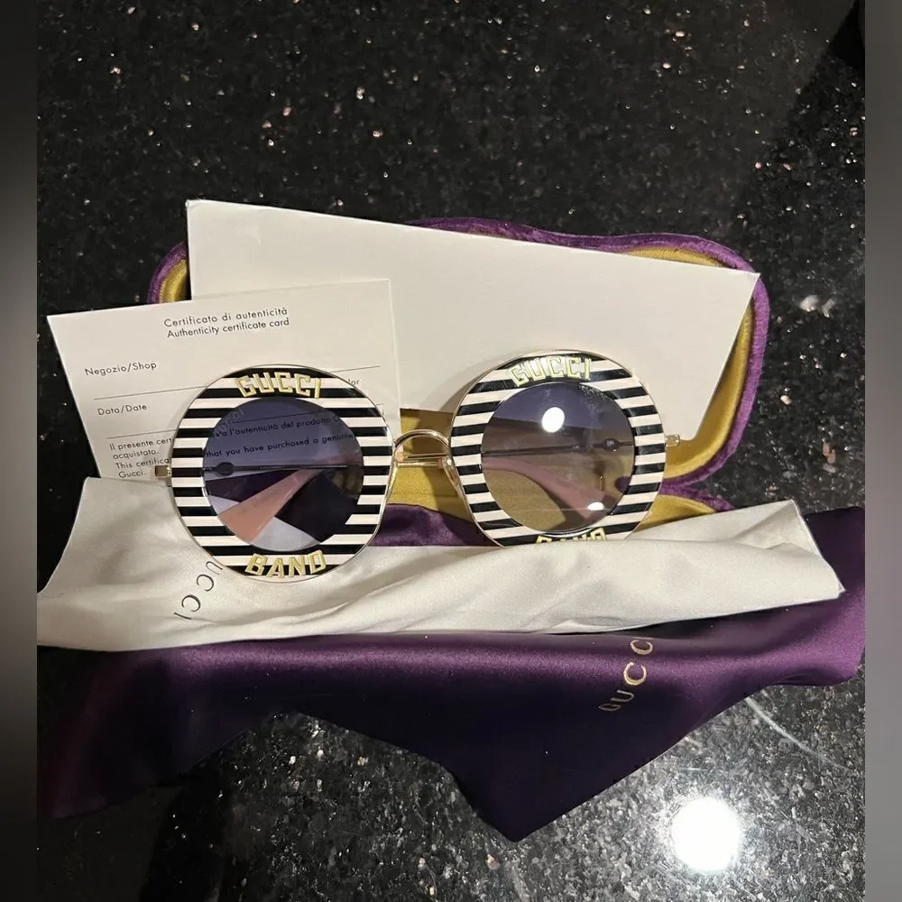 Gucci GG0113S 008 Sunglasses Women's Black+White Striped-Gold/Blue Gradient Lens - Picture 4 of 7